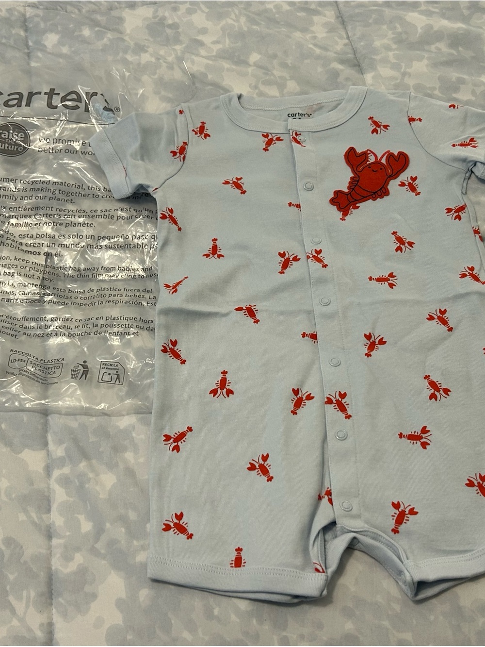 Carter's Light Blue Short-Sleeve One-Piece with Red Lobster Motif